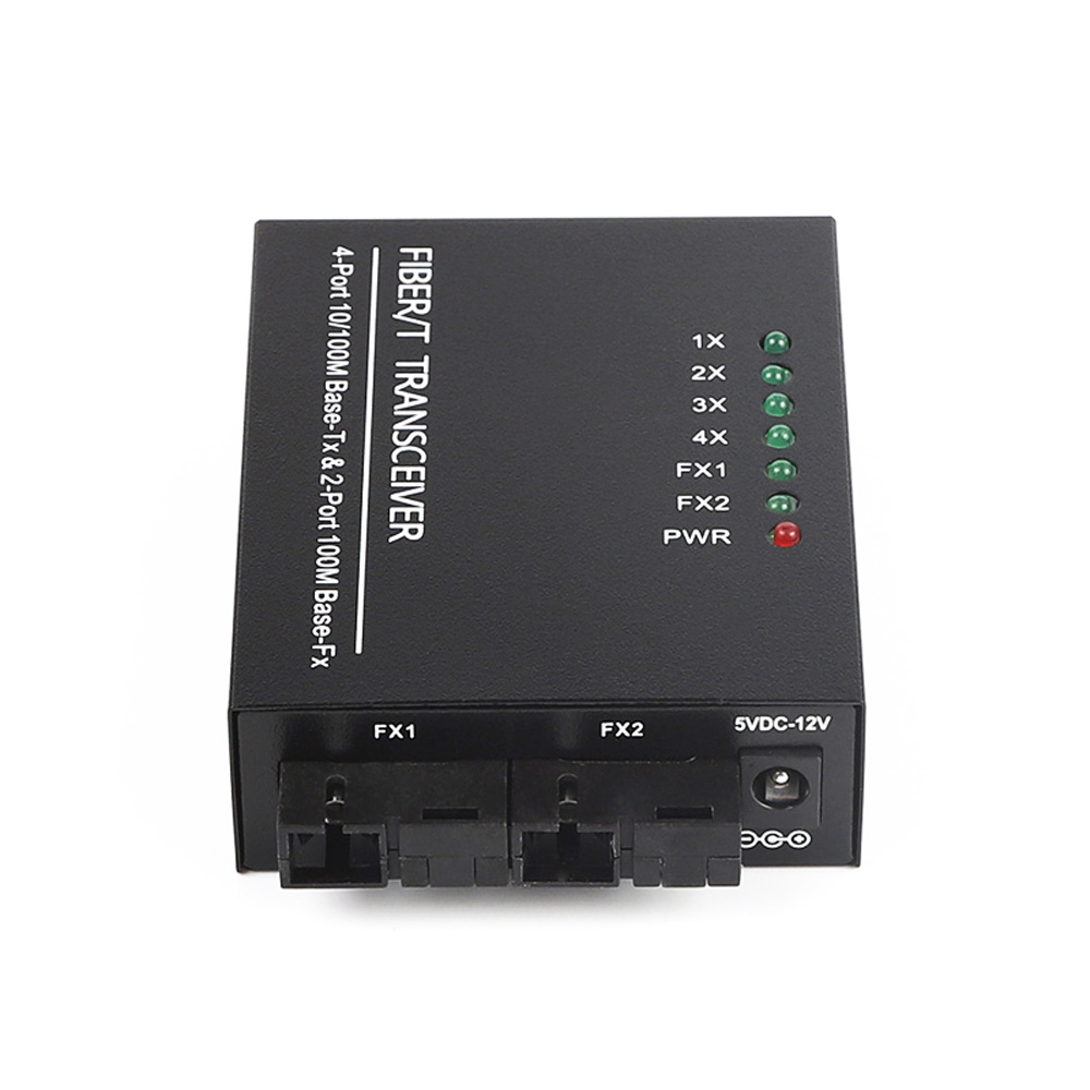 2*100Base-Fx to 4*RJ45 Fiber Media Converter Single Mode 20km SC 10/100Mbps Ethernet Converter DC12V