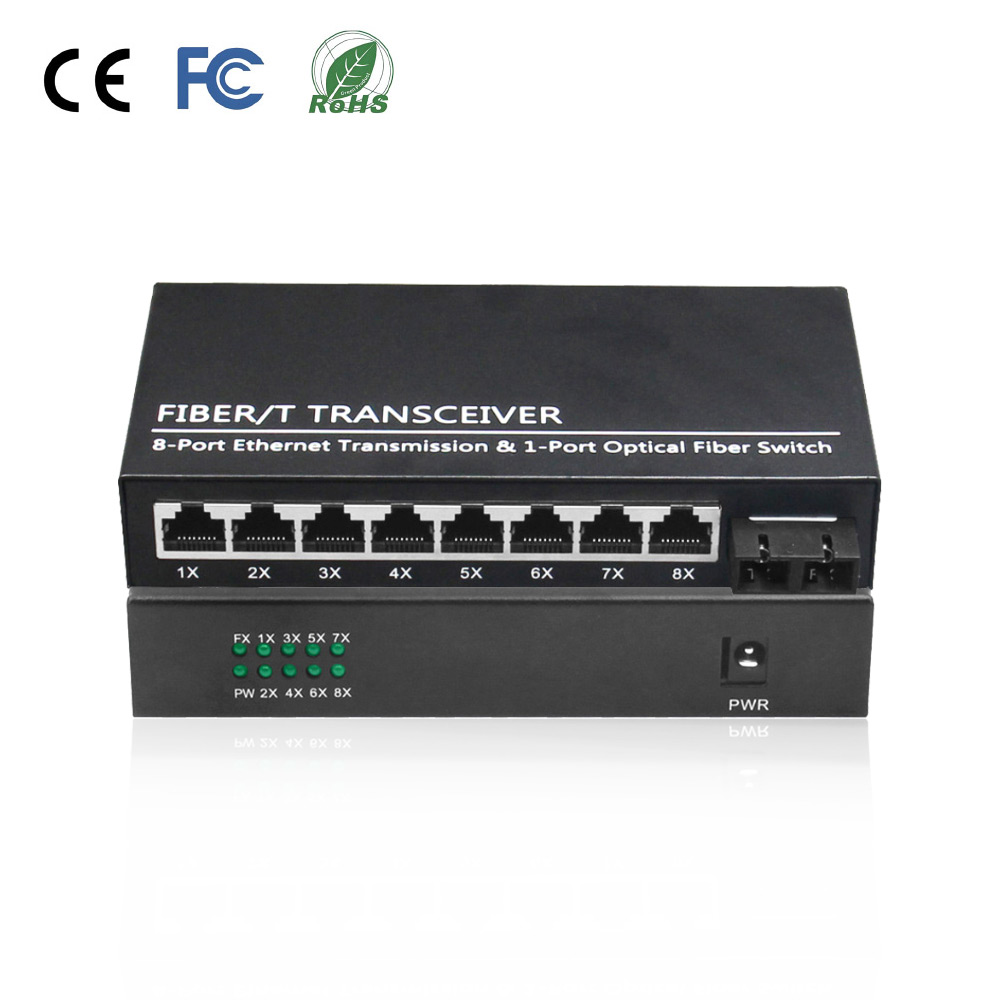 Durable 10/100Mbps Single Mode Fiber Media Converter 1 FX to 8 TX 20km SC for Large CCTV System