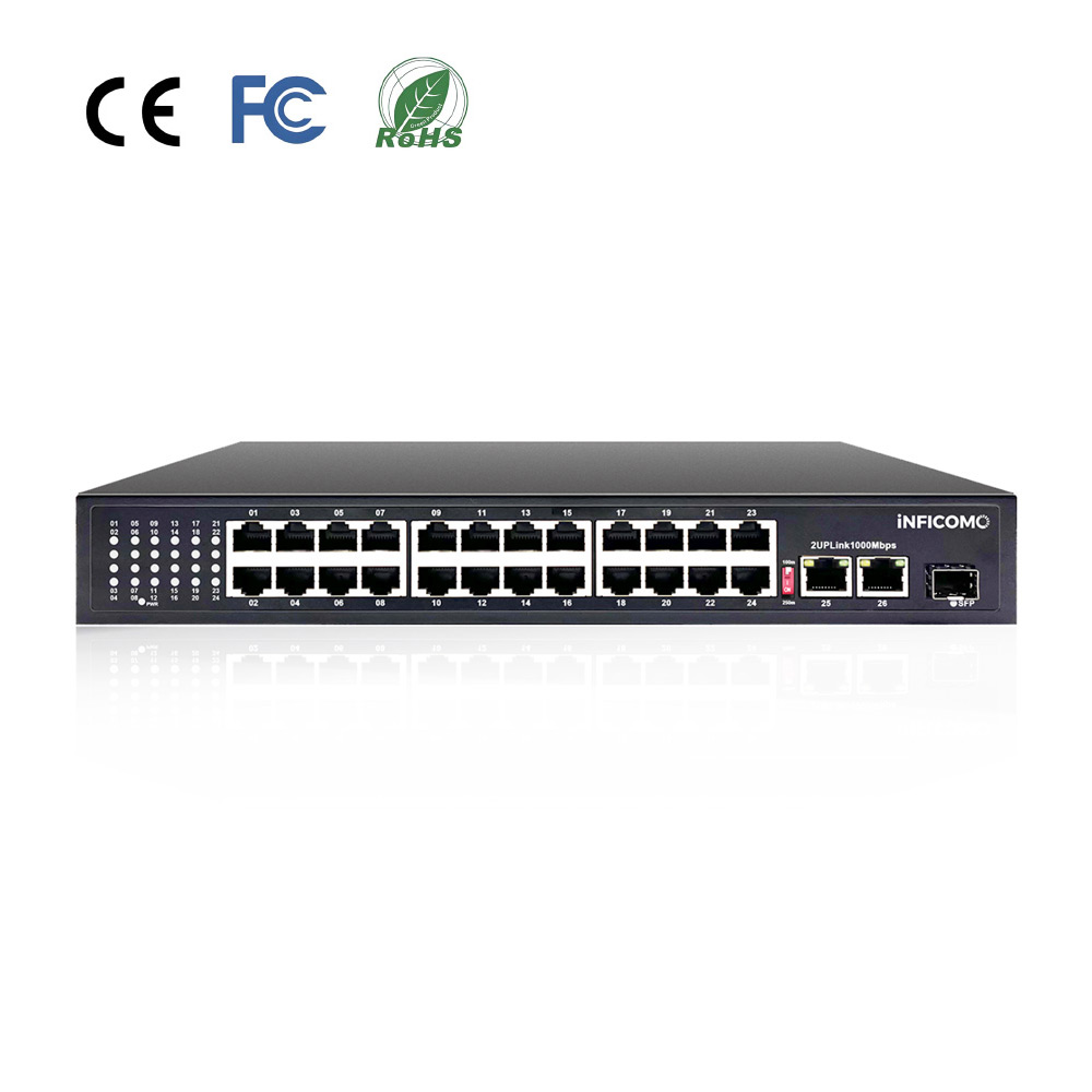 24 Port 100M Unmanaged PoE Switch with 2*1000M RJ45 Uplink Port Support POE Watchdog