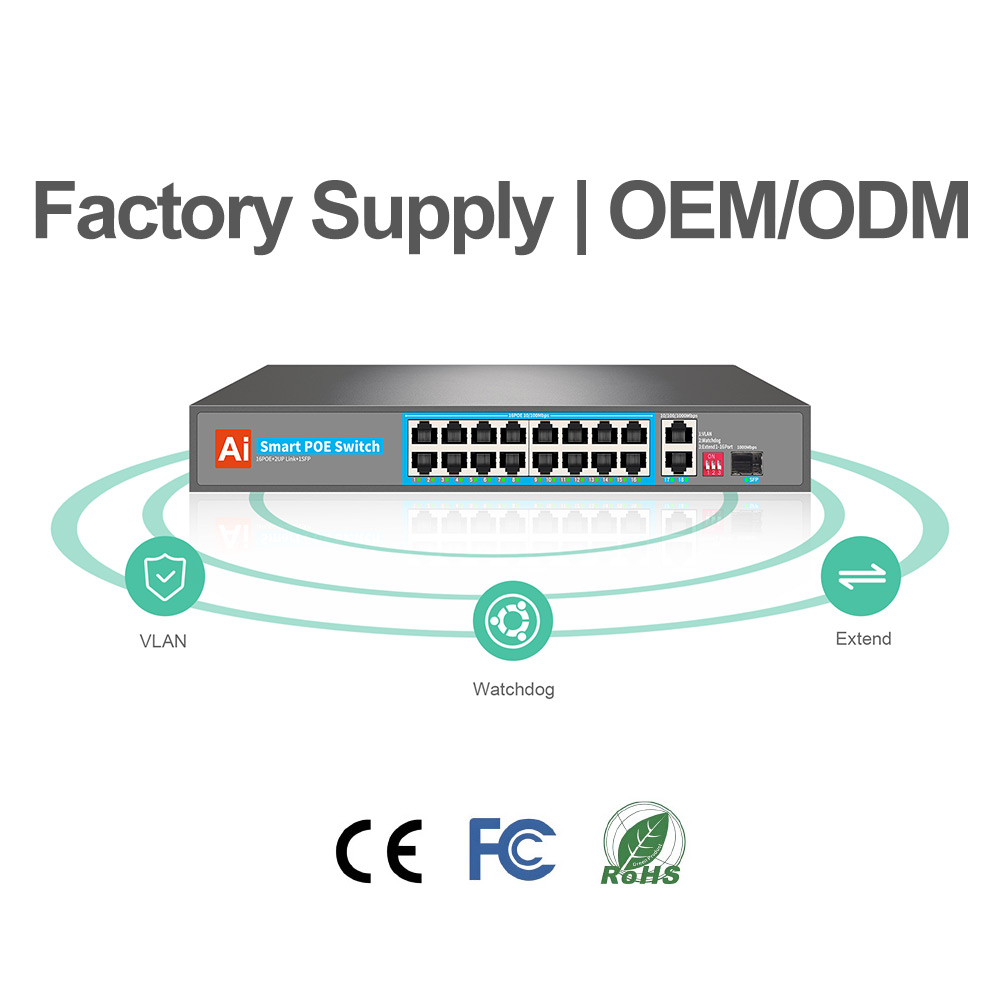 16*10/100M POE Ports + 2*1000M Uplink + 1*Gigabit SFP AI Smart PoE Switch 802.3af/at VLAN/LACP Support