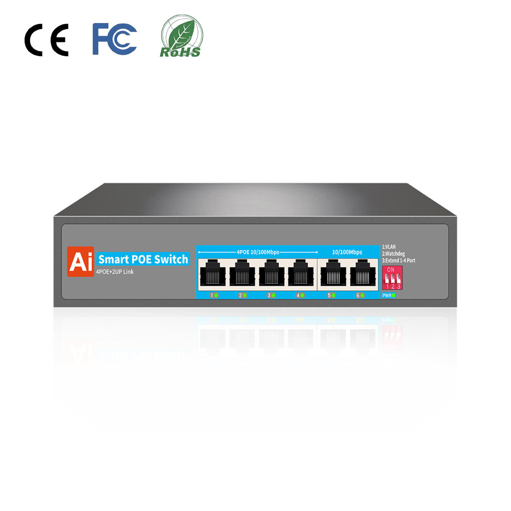 4CH PoE Switch 10/100Mbps + 2 Gigabit Uplink, AI Watchdog & VLAN, 65W PoE for IP Camera/AP
