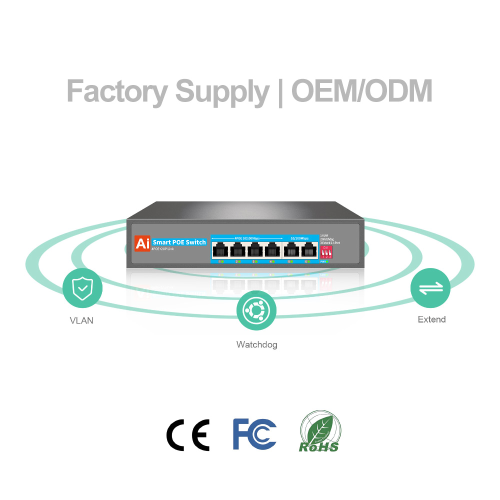 4CH PoE Switch 10/100Mbps + 2 Gigabit Uplink, AI Watchdog & VLAN, 65W PoE for IP Camera/AP