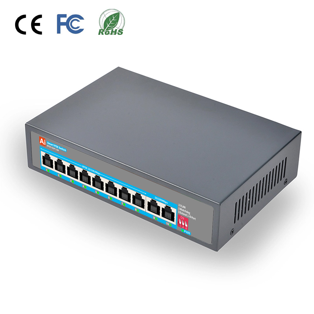 10/100M 8 Port PoE Switch with 2 Gigabit Uplink, 120W Total PoE Power, IEEE802.3af/at for Network AP & Camera