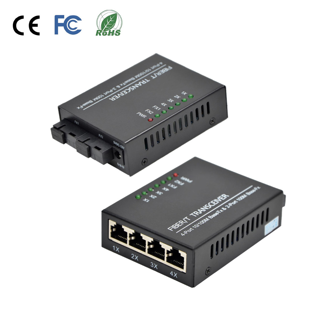 Durable 10/100Mbps Single Mode Fiber Media Converter 2*FX to 4*TX 20km SC for Industrial Network