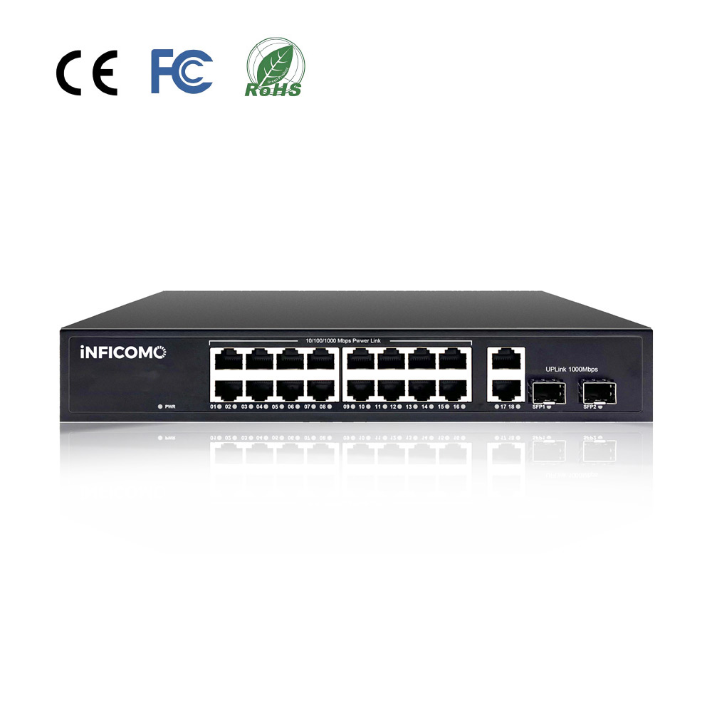 Factory Price Unmanage POE SWITCH 16+2+2 Port 10/100/1000M Full Gigabit 2 Uplink 2 SFP for Cctv Wireless CE Certified