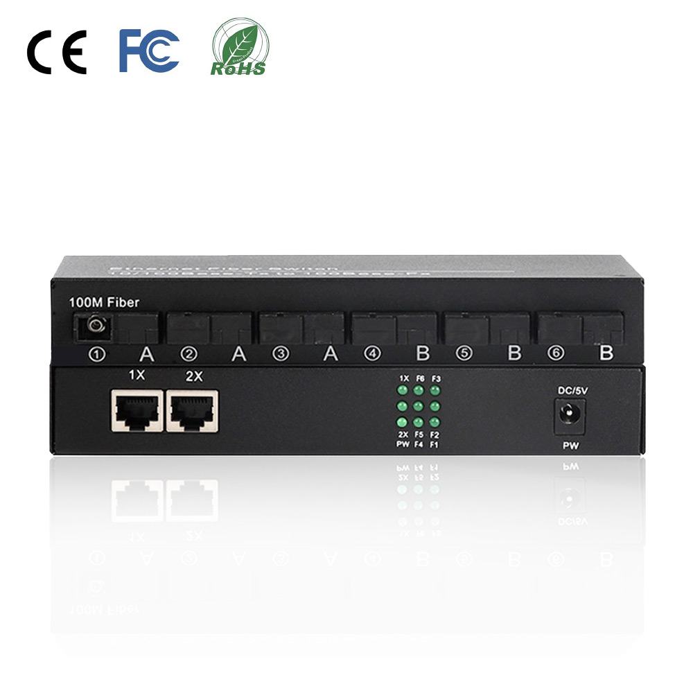 6*100Base-Fx to 2*RJ45 Fiber Media Converter Single Mode 20km SC 10/100Mbps Ethernet Converter DC12V