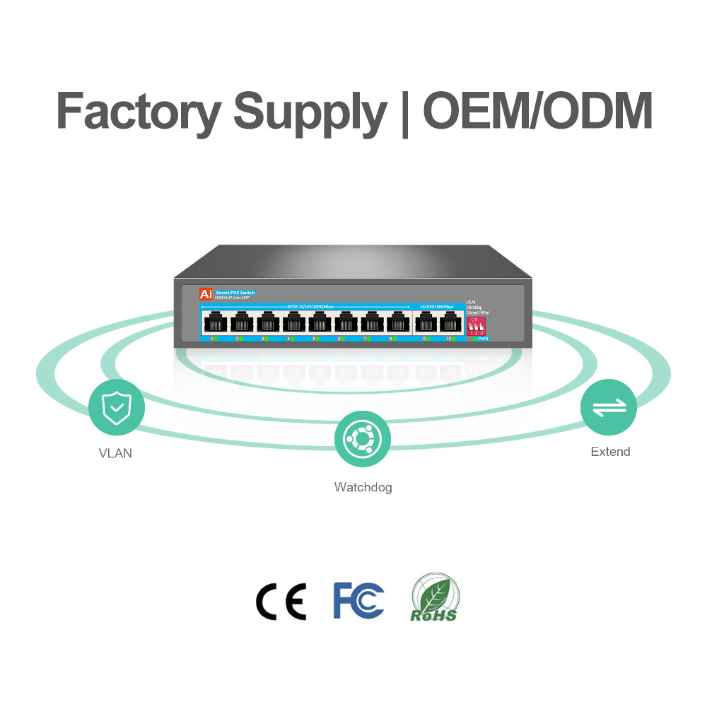 Multi-Layer Protection 8 Port 10/100/1000Mbps AI PoE Switch with 2 Port Gigabit Uplink for CCTV IP Camera