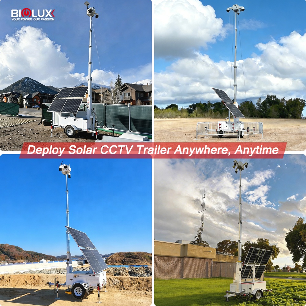 Off-Grid Solar-Powered Mobile Surveillance Camera Trailer CCTV Tower Night Vision SD Card-Security System for Construction Job