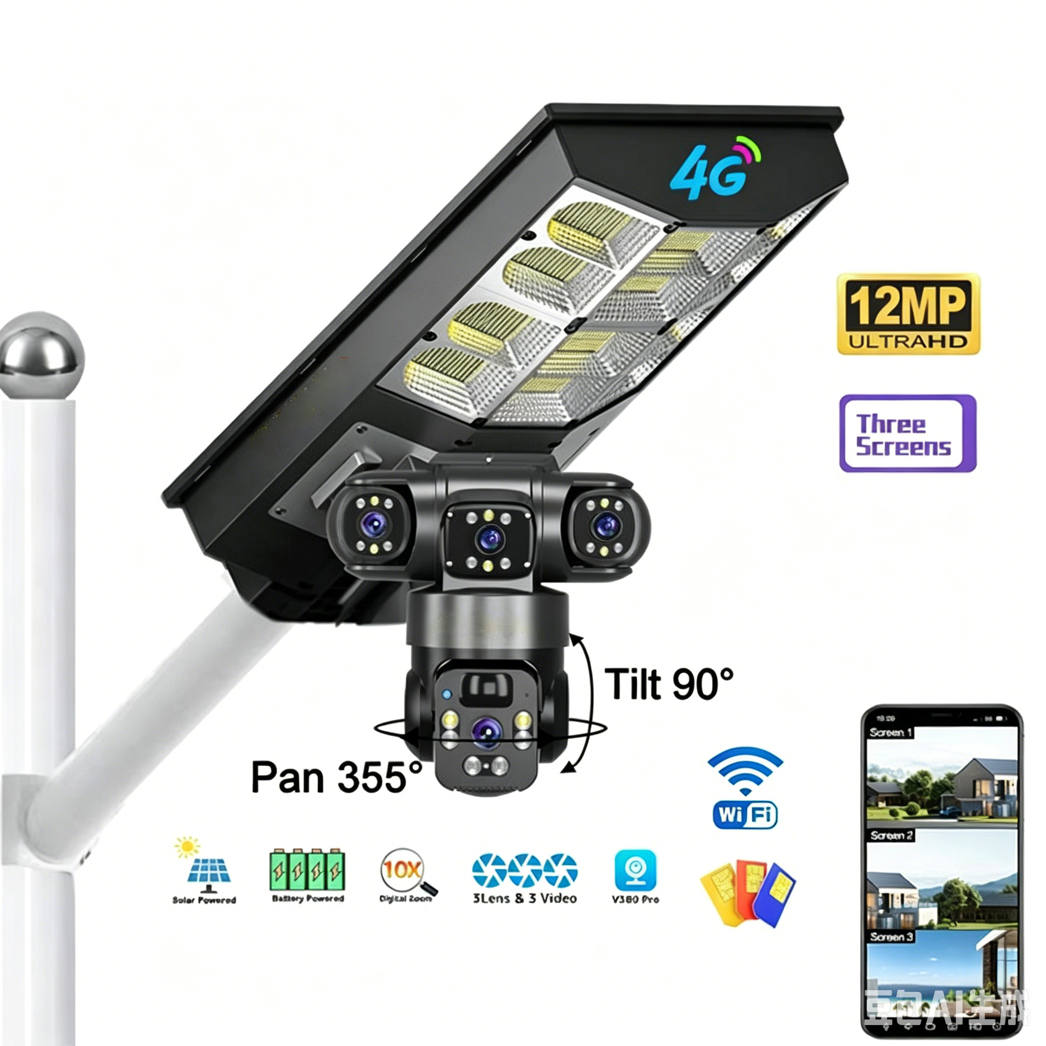 12mp Solar Street Light Camera 3lens Ptz 360 Home Security System 400w Panel Cctv Wireless Wifi Network Camera 4g Two Way Audio