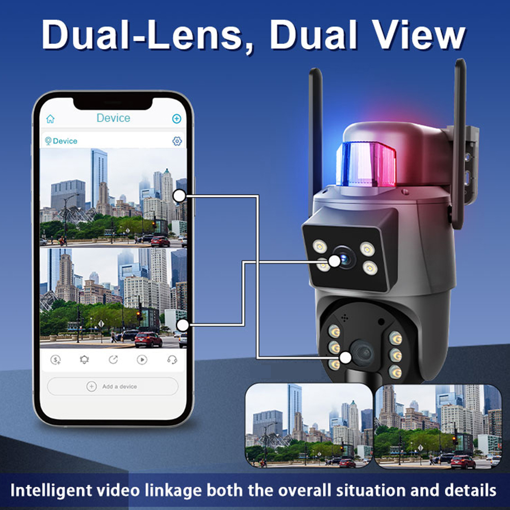 Solar Security Camera Wifi Dual Lens Solar Camera Full Color Night Vision Two-Way Audio Dual Display PTZ Dual Lens Solar Camera