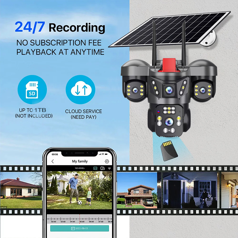Wholesale AOV 4G/WIFI Solar Camera 12MP Ultra HD Triple Lens Camera Micros SD Card And Cloud Storage CCTV Cameras