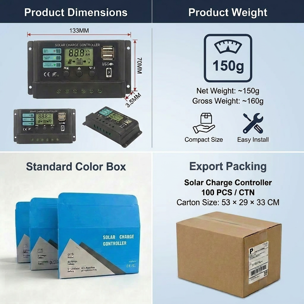 Factory Price PWM Solar Controller 12V 24V Auto 10A 20A 30A with Dual USB Port Intelligent Photovoltaic Charge