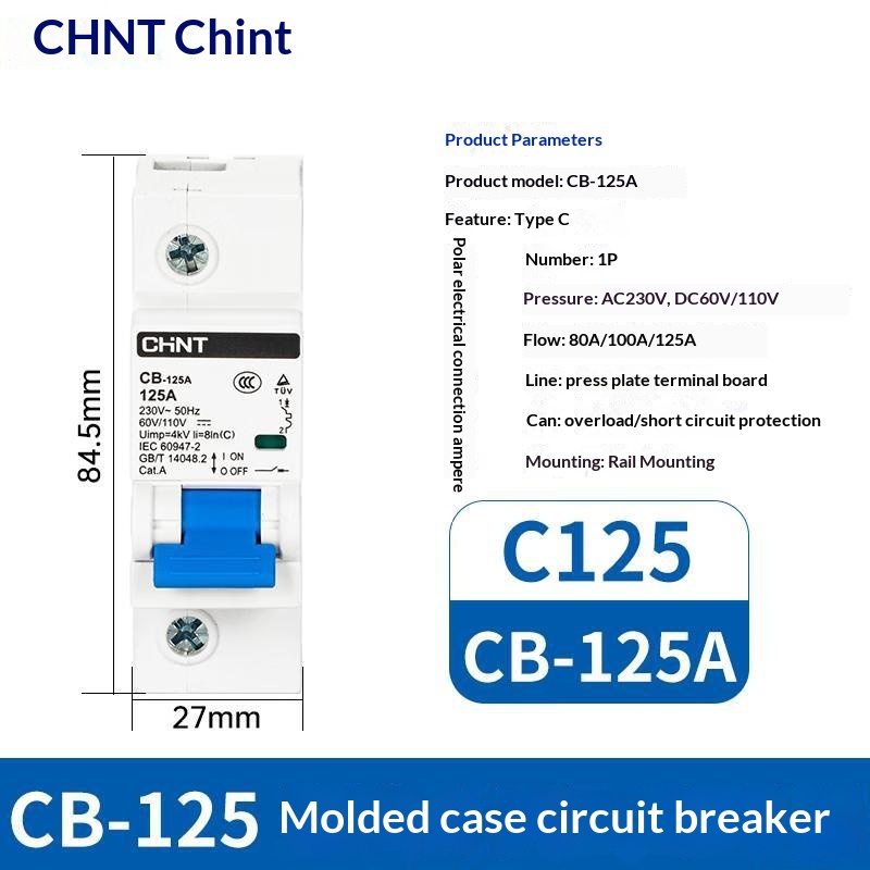 CHINT 125A DC220V DC MCB 1P 2P 125A Solar Circuit Breaker For Photovoltaic PV Inverter System Protection IEC Certified