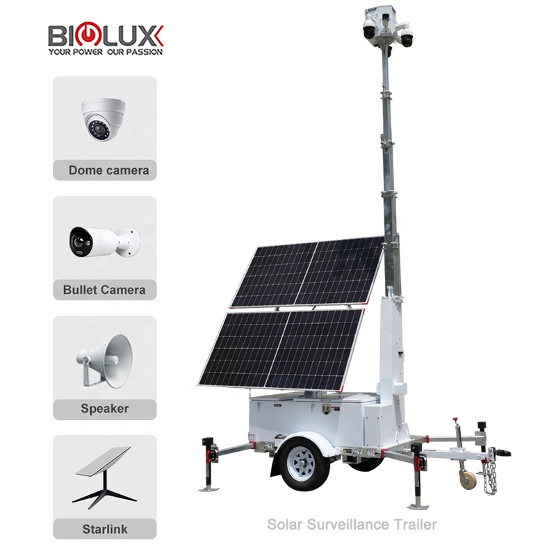 Off-Grid Solar-Powered Mobile Surveillance Camera Trailer CCTV Tower Night Vision SD Card-Security System for Construction Job
