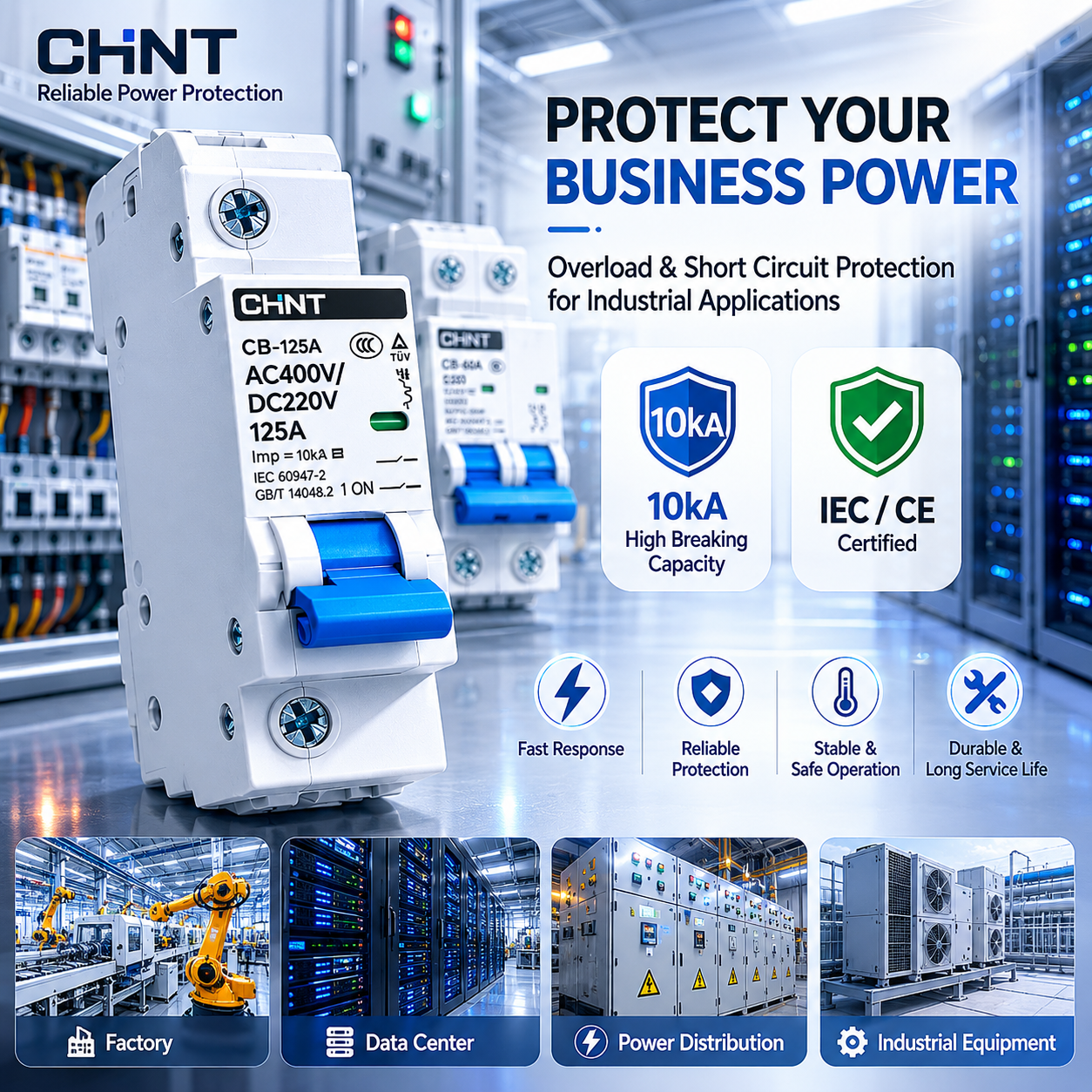 CHINT 125A DC220V DC MCB 1P 2P 125A Solar Circuit Breaker For Photovoltaic PV Inverter System Protection IEC Certified