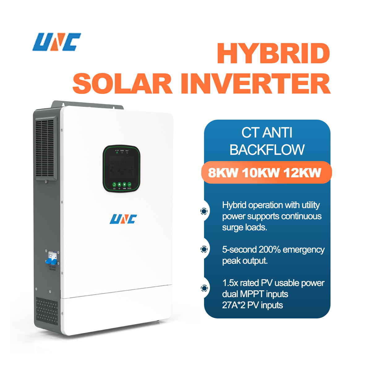 UNC Anti-reflux CT 220v On/Off Grid 12000w Solar String 10.2kw Hybrid Parallel Single String Phase Inverter 48v 51.2v WIFI LCD