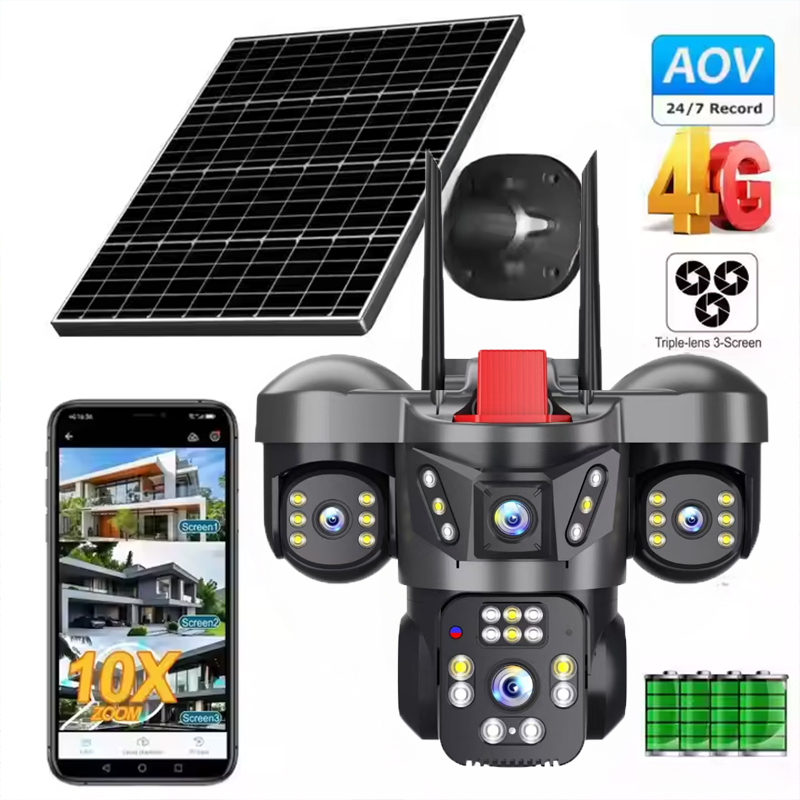 Wholesale AOV 4G/WIFI Solar Camera 12MP Ultra HD Triple Lens Camera Micros SD Card And Cloud Storage CCTV Cameras