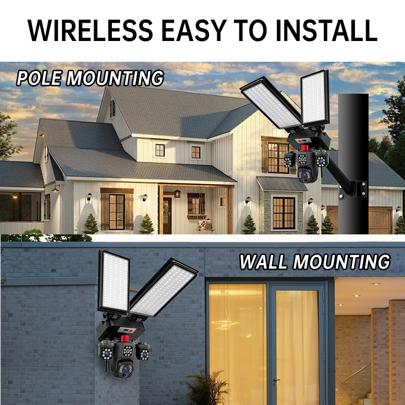 Rscamtom ES Outdoor Security Camera Triple Lens Night Vision 16W Solar Panel Two-Way Audio 4G Solar Street Light Camera