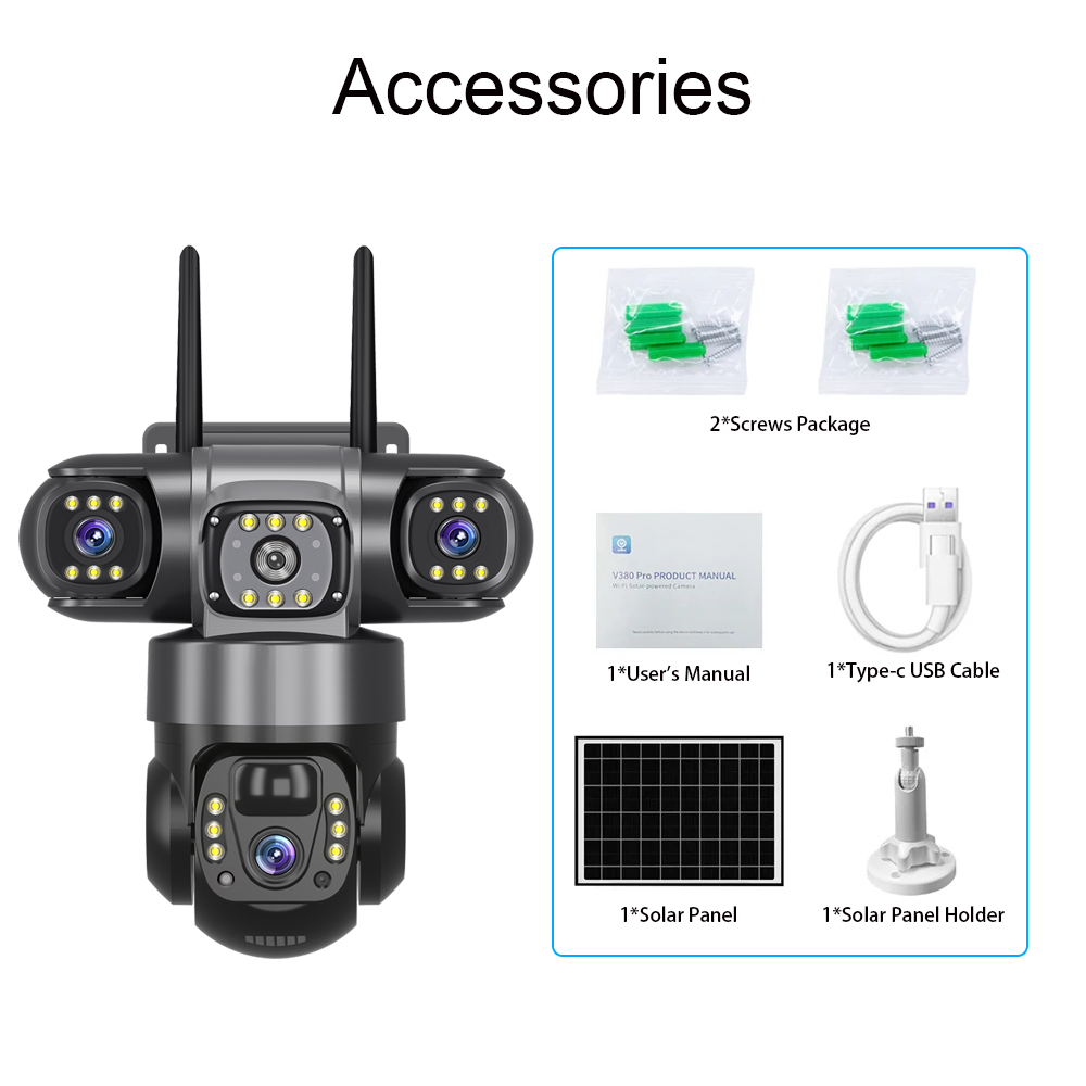 V380 Hotsale Triple Lens Solar 4G Camera Support Cloud And Memory Storage Two-way Voice Intercom Picture Push Alarm CCTV Camera