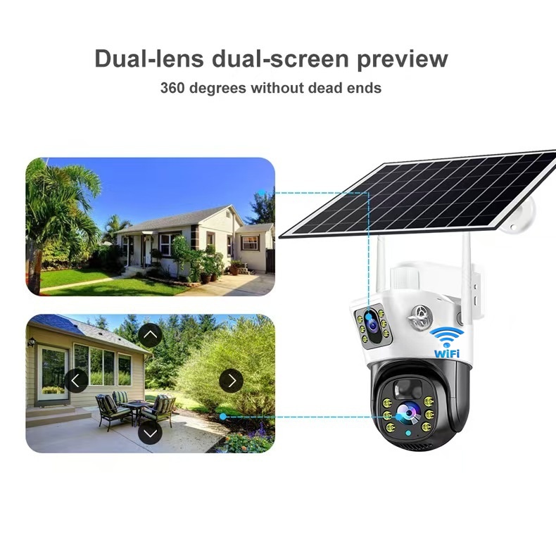 V380 Low Power PIR Outdoor Solar Camera Dual Lens Tracking Dual Light Source PTZ WIFI Solar Security Camera