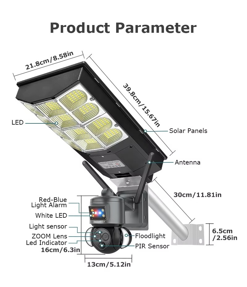 EU 4G WIFI Solar Street Light Camera Integrated 200W LED Radar Motion Sensor 6MP Ultra HD IP66 Outdoor Security