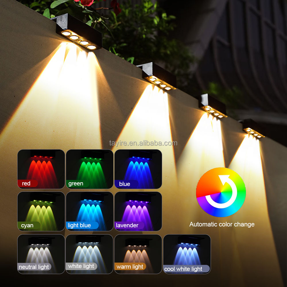 Tayire EU Stock Outdoor Waterproof LED Solar Wall Lamp Square Luminous RGBYW Colorful Light for Deck Garden Fence Exterior Wall