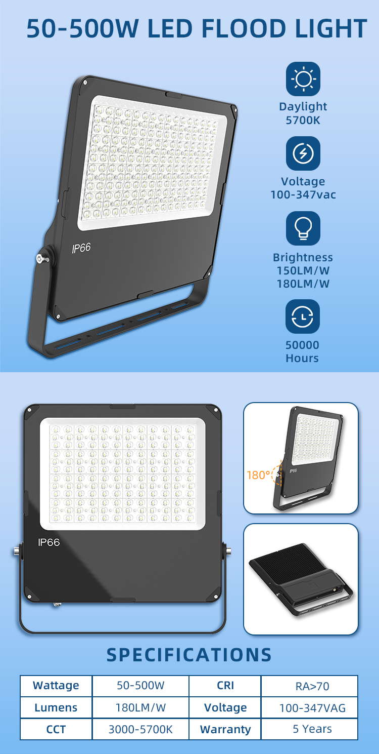 High Lumen Outdoor LED Flood Light 150LM/W 100W/150W/200W/500W IP66 for Stadium Parking Lot Facade Lighting Photocell Floodlight
