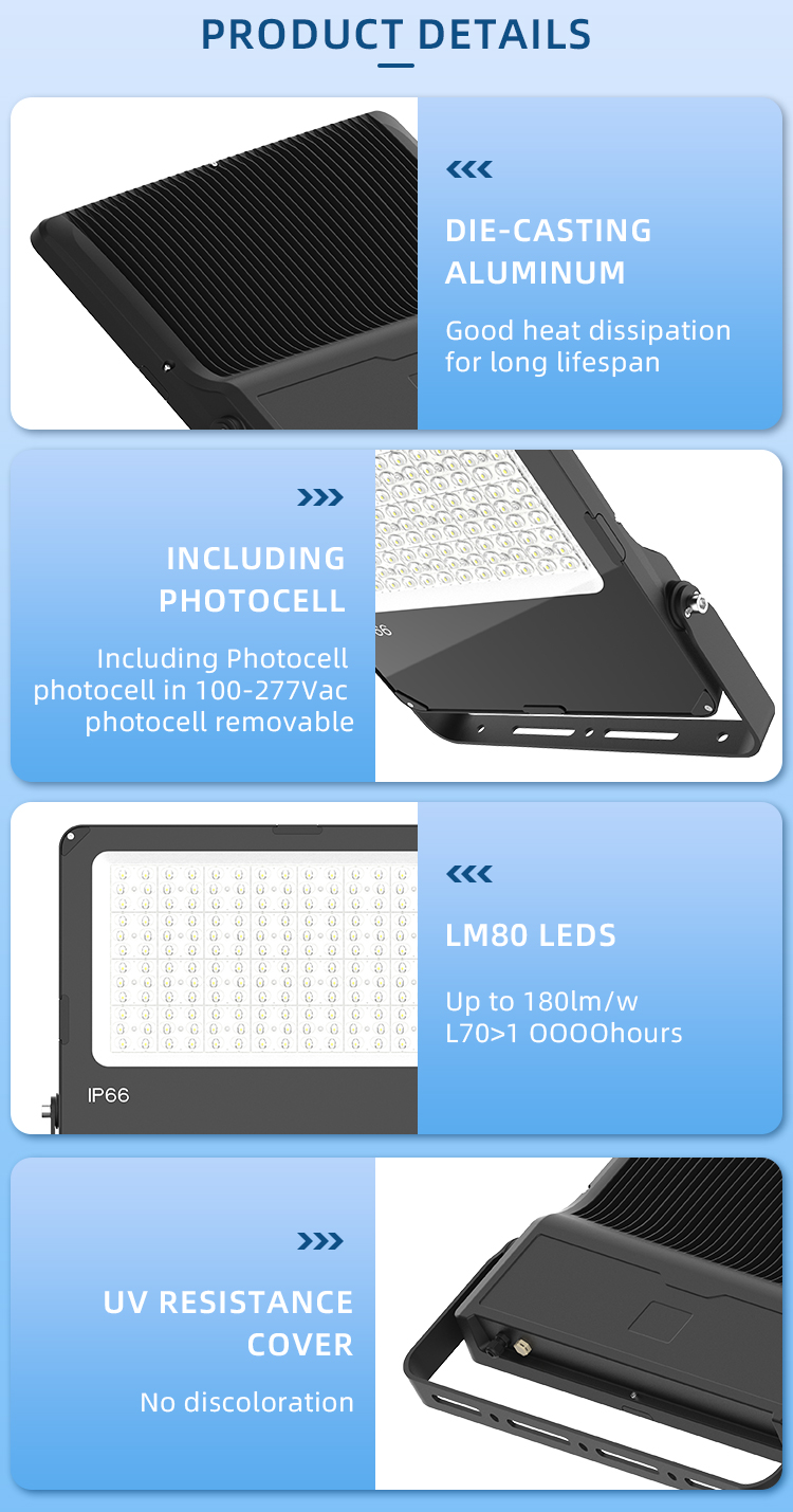High Lumen Outdoor LED Flood Light 150LM/W 100W/150W/200W/500W IP66 for Stadium Parking Lot Facade Lighting Photocell Floodlight