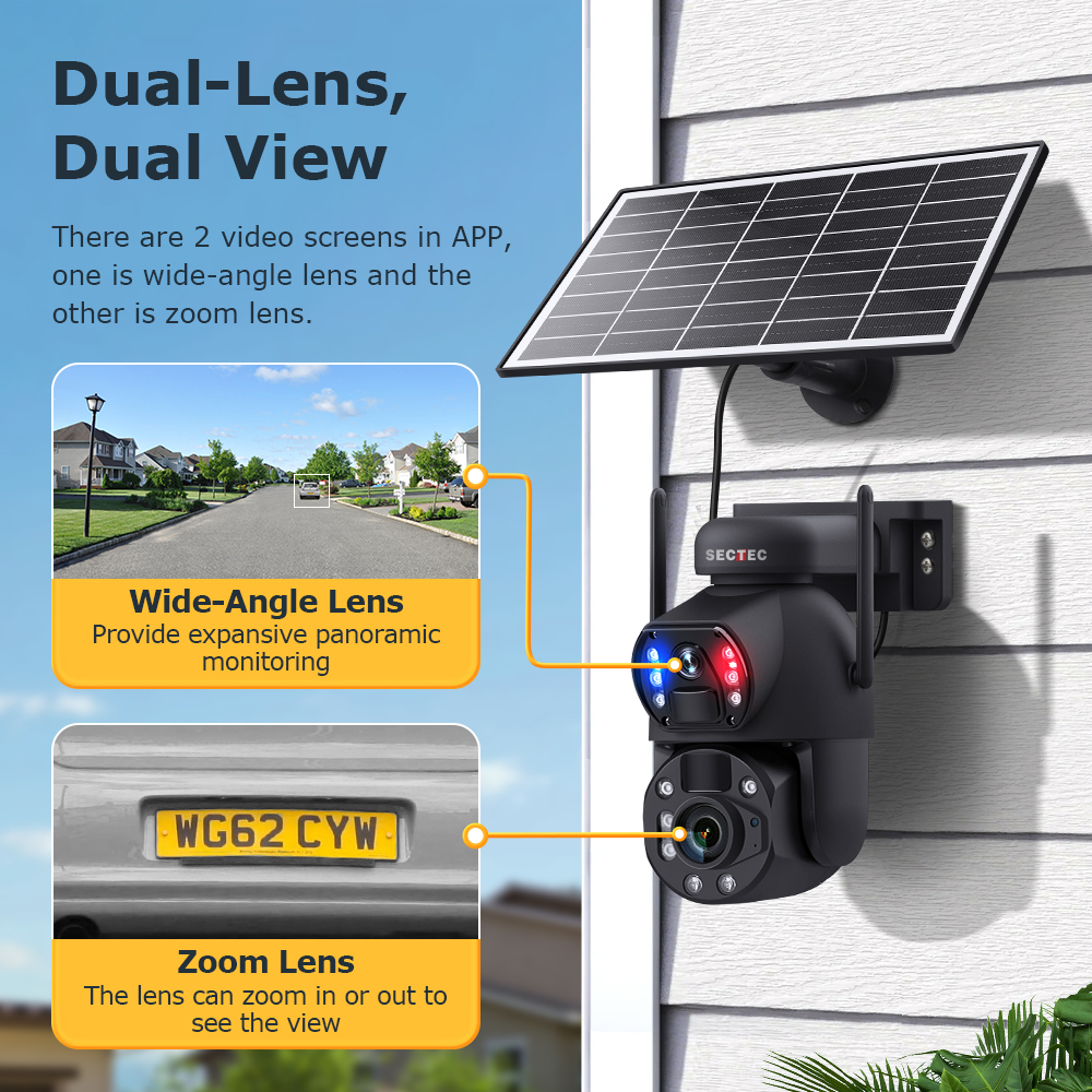 SECTEC 4G/Wifi 36X Zoom IP66 Waterproof Security Dual View Solar Powered Battery PTZ Color Night Vision CCTV Security Camera