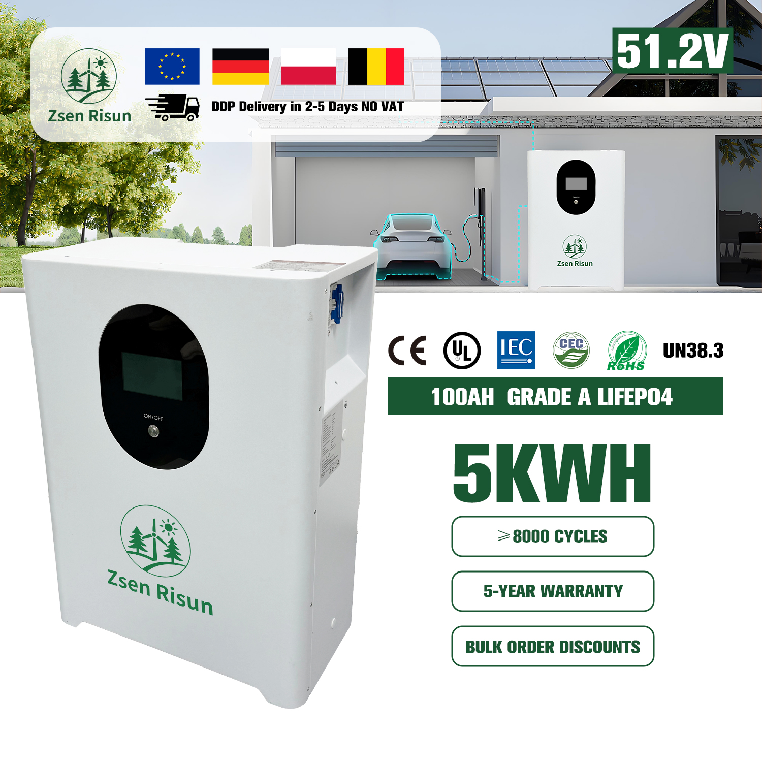 Zsen 5KW Portable Power Station 1000W 2000W Solar Generator with AC Outlet for Camping Emergency Backup Cycle Times 12000 Times
