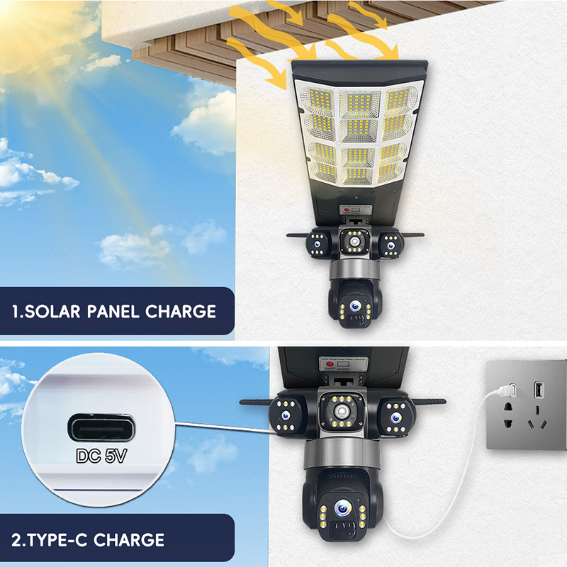 6MP WiFi 3 Lens Solar Powered Wireless Surveil PTZ Camera V380 Pro WiFi Outdoor CCTV Security Solar Street Light Camera