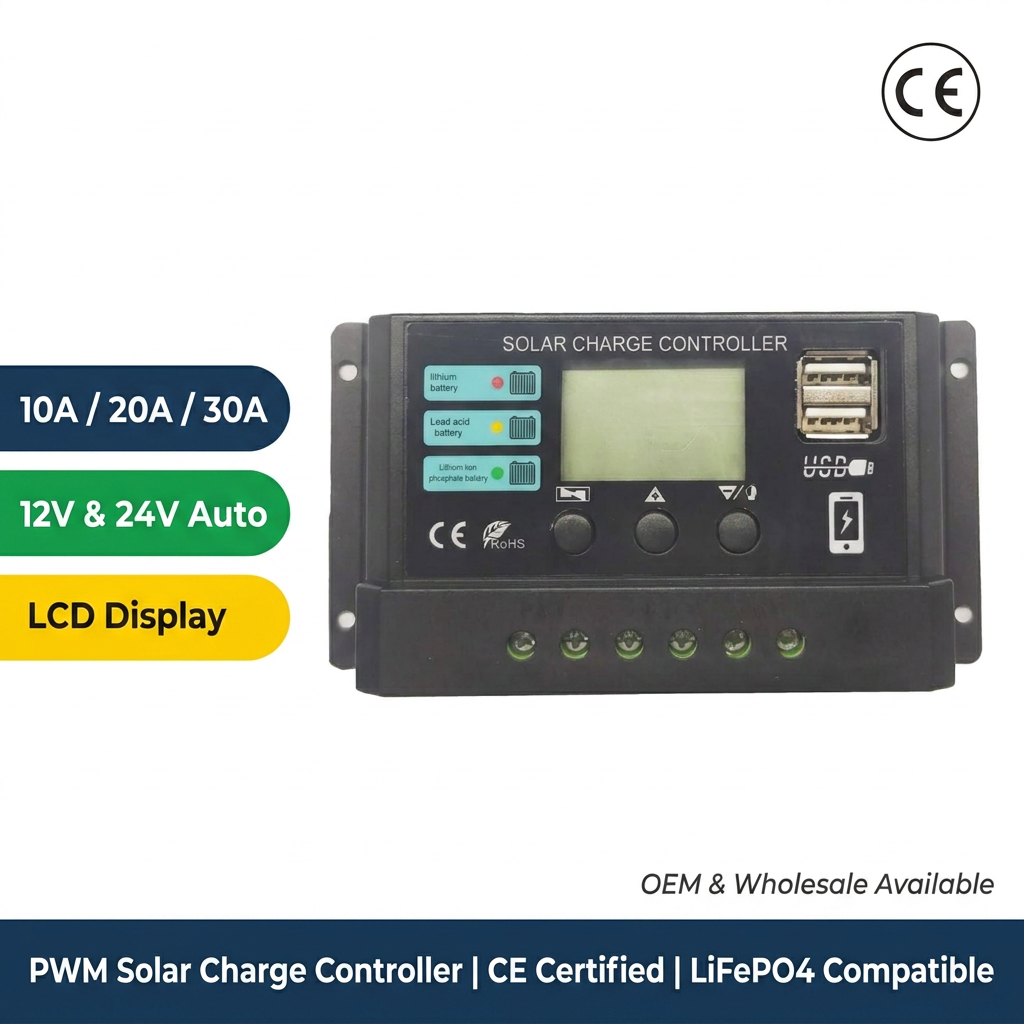 Factory Price PWM Solar Controller 12V 24V Auto 10A 20A 30A with Dual USB Port Intelligent Photovoltaic Charge