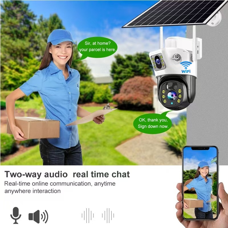V380 Low Power PIR Outdoor Solar Camera Dual Lens Tracking Dual Light Source PTZ WIFI Solar Security Camera