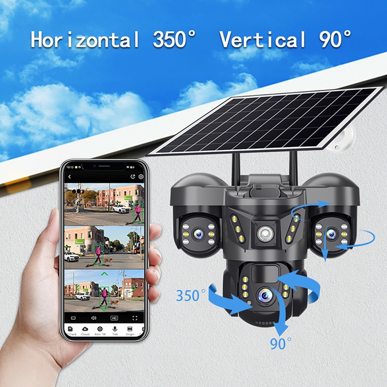 6MP Triple Lens Solar PTZ Camera 4G SIM WiFi V380 Pro 3 Screen Pan Tilt Outdoor AI Human Detection Color Night Vision Waterproof