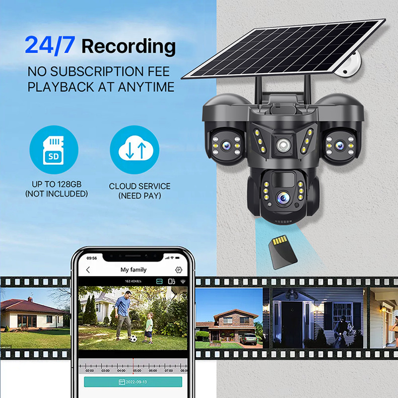 6MP Triple Lens Solar PTZ Camera 4G SIM WiFi V380 Pro 3 Screen Pan Tilt Outdoor AI Human Detection Color Night Vision Waterproof