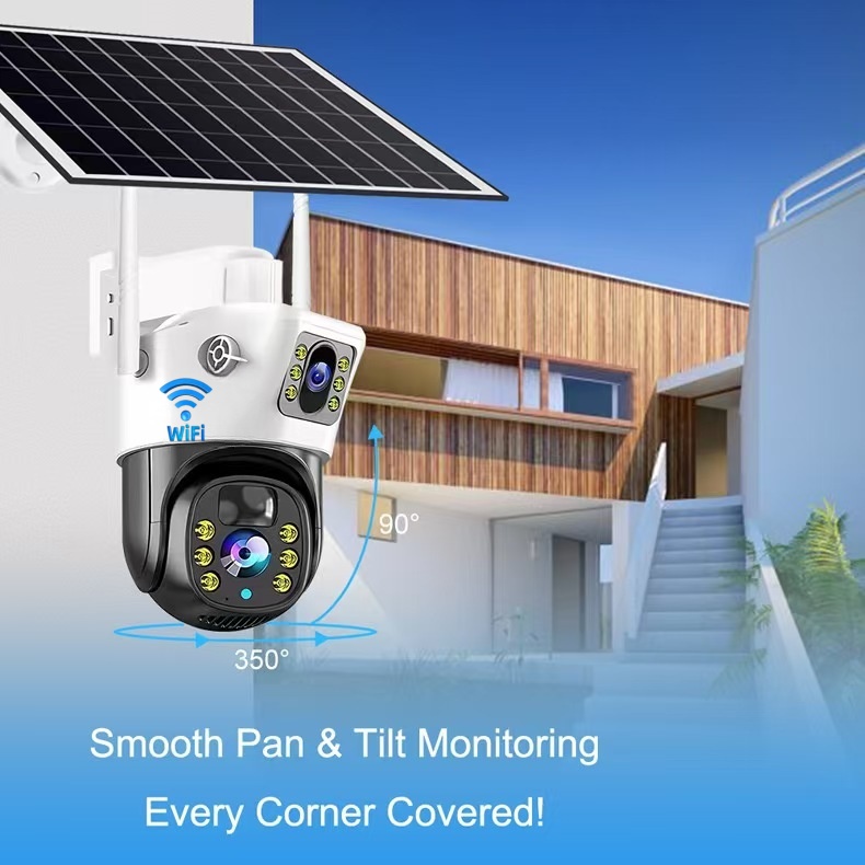 V380 Low Power PIR Outdoor Solar Camera Dual Lens Tracking Dual Light Source PTZ WIFI Solar Security Camera