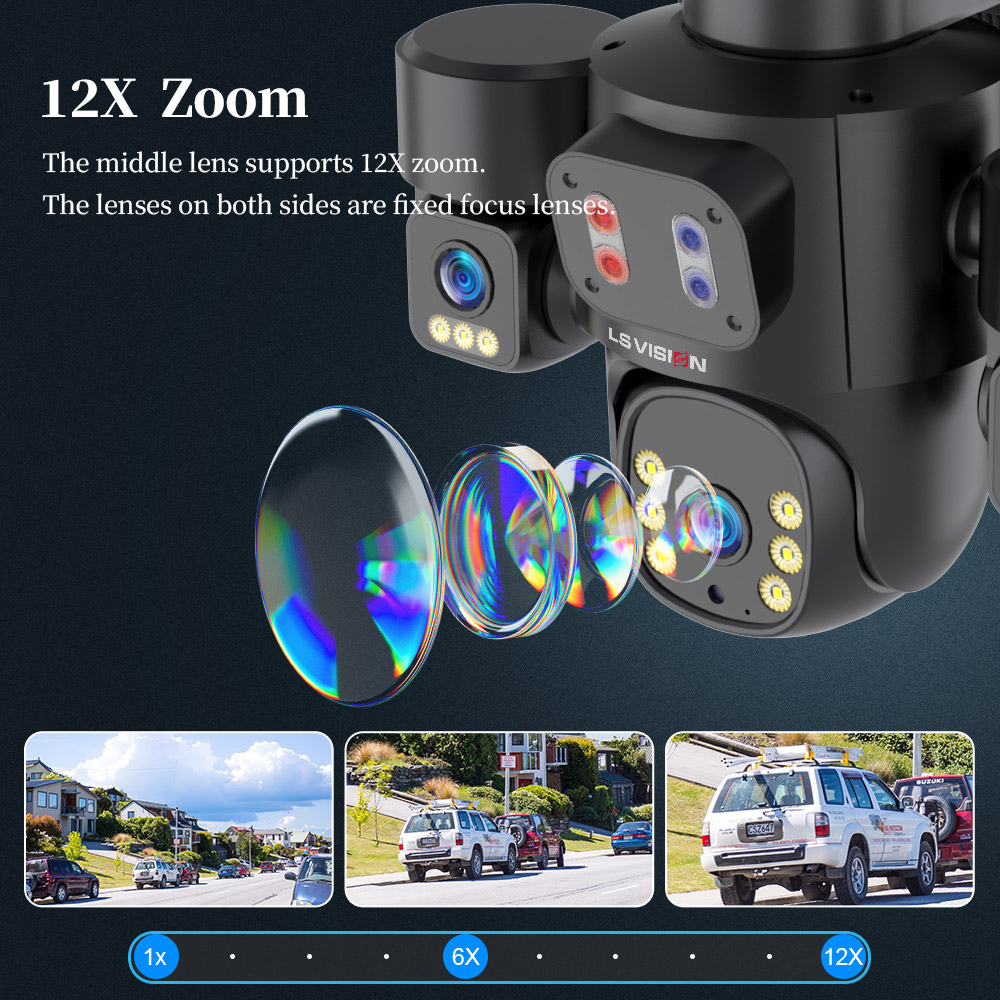 LS VISION HD 6MP 12X Zoom Outdoor AI Three Lens Three Screen AOV IP 4G CCTV Solar Camera Panel PTZ Network Surveillance