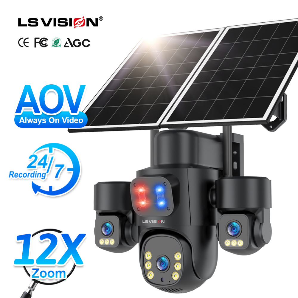 LS VISION HD 6MP 12X Zoom Outdoor AI Three Lens Three Screen AOV IP 4G CCTV Solar Camera Panel PTZ Network Surveillance