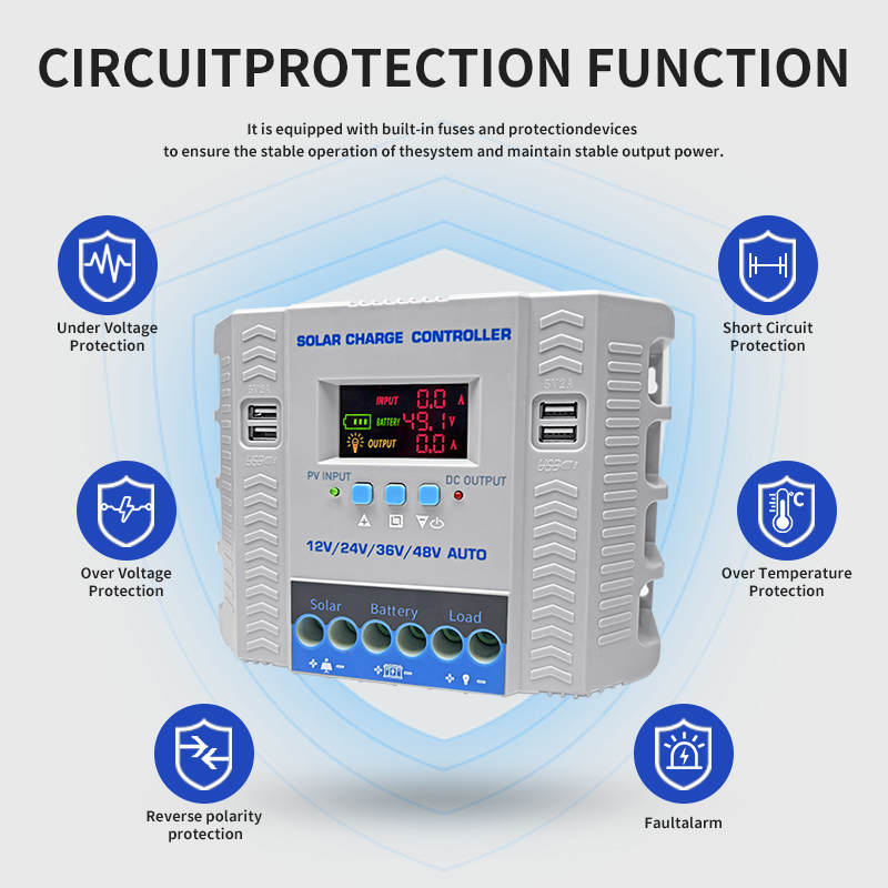 PWM Solar Charging Controller 12V 24V 36V 48V Auto 4 USB Ports Charging Current 100A 80A 60A 30A Solar Controller