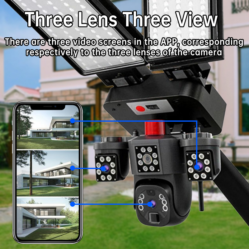 Rscamtom ES Outdoor Security Camera Triple Lens Night Vision 16W Solar Panel Two-Way Audio 4G Solar Street Light Camera