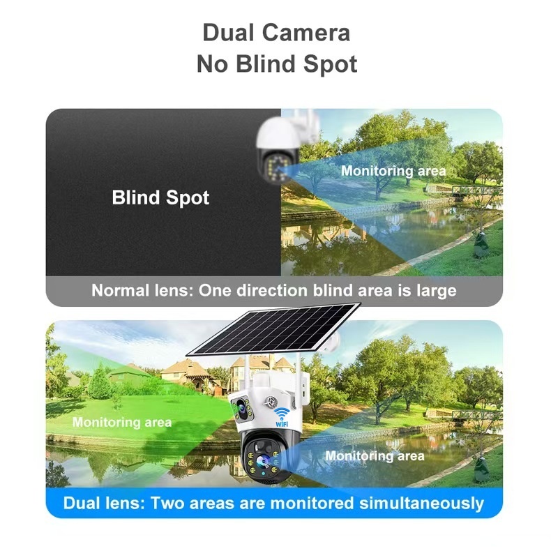 V380 Low Power PIR Outdoor Solar Camera Dual Lens Tracking Dual Light Source PTZ WIFI Solar Security Camera