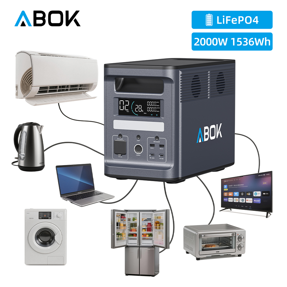 ABOK Portable Power Station 2000W Home Backup UPS with 1536Wh LiFePO4 4000+ Cycles MPPT Controller Model EB70 110V EU Plug