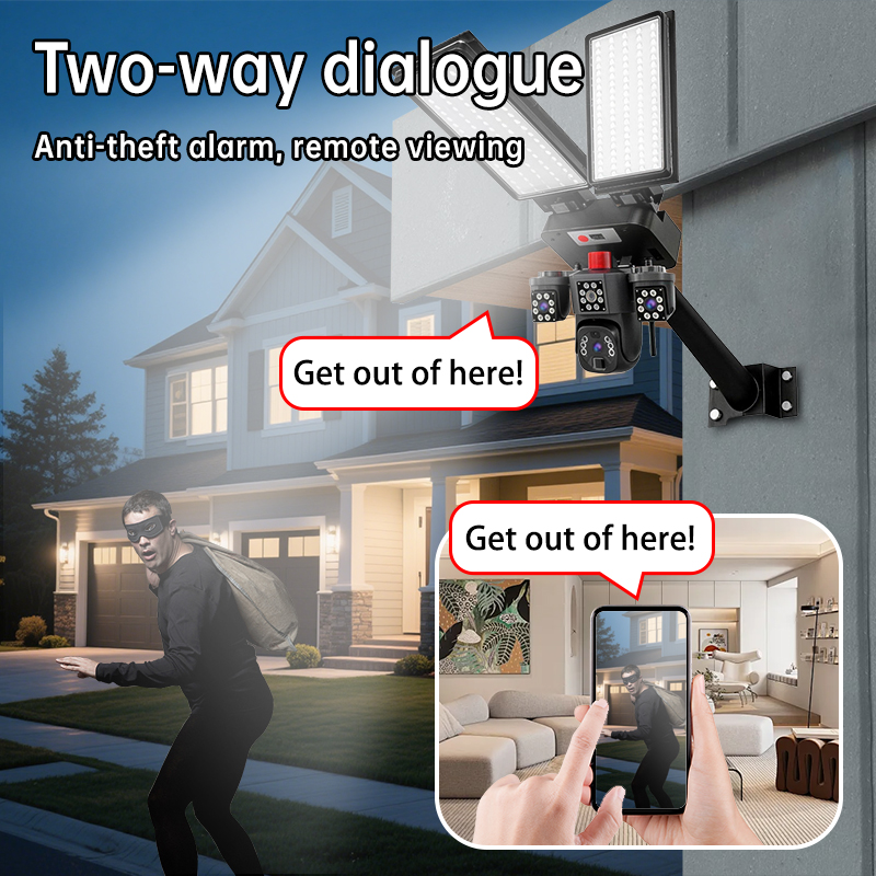 Rscamtom ES Outdoor Security Camera Triple Lens Night Vision 16W Solar Panel Two-Way Audio 4G Solar Street Light Camera