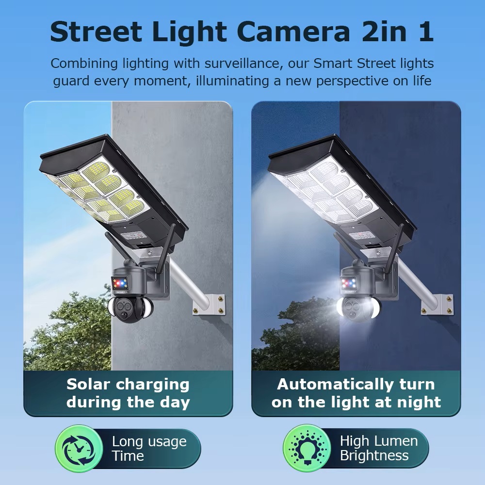 EU 4G WIFI Solar Street Light Camera Integrated 200W LED Radar Motion Sensor 6MP Ultra HD IP66 Outdoor Security