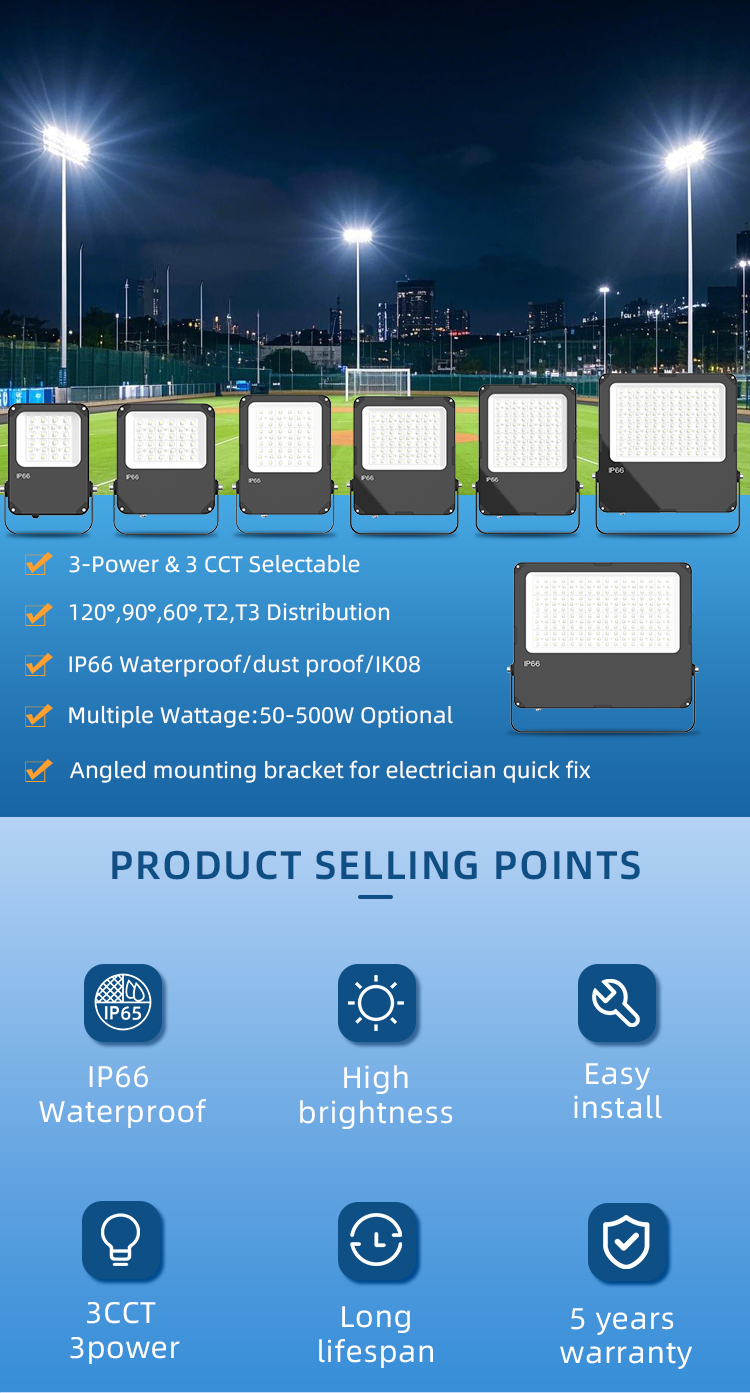 High Lumen Outdoor LED Flood Light 150LM/W 100W/150W/200W/500W IP66 for Stadium Parking Lot Facade Lighting Photocell Floodlight