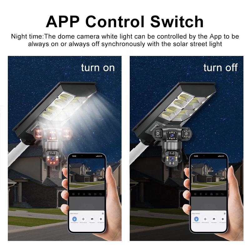 12mp Solar Street Light Camera 3lens Ptz 360 Home Security System 400w Panel Cctv Wireless Wifi Network Camera 4g Two Way Audio