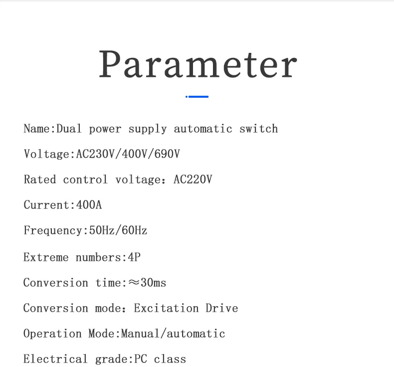 4p 400A 50/60Hz AC380V Control Voltage 220V 30ms Fast Switching Uninterruptible Dual Power Automatic Transfer Switch ATS
