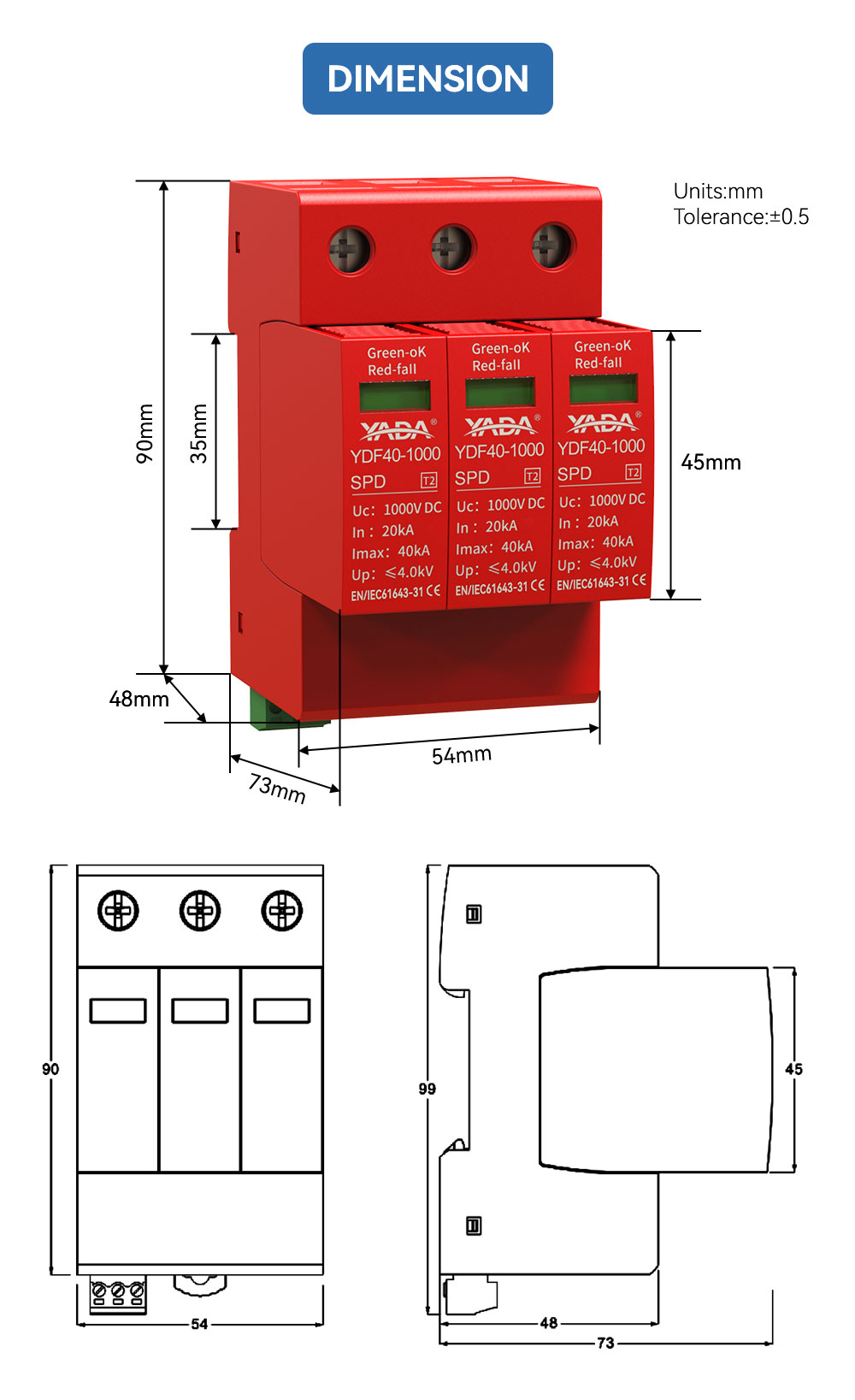 1000V DC SPD Type 2 Surge Protective Device 3P 20kA-40kA for Solar PV System Lightning Protection Arrester IP20 25ns