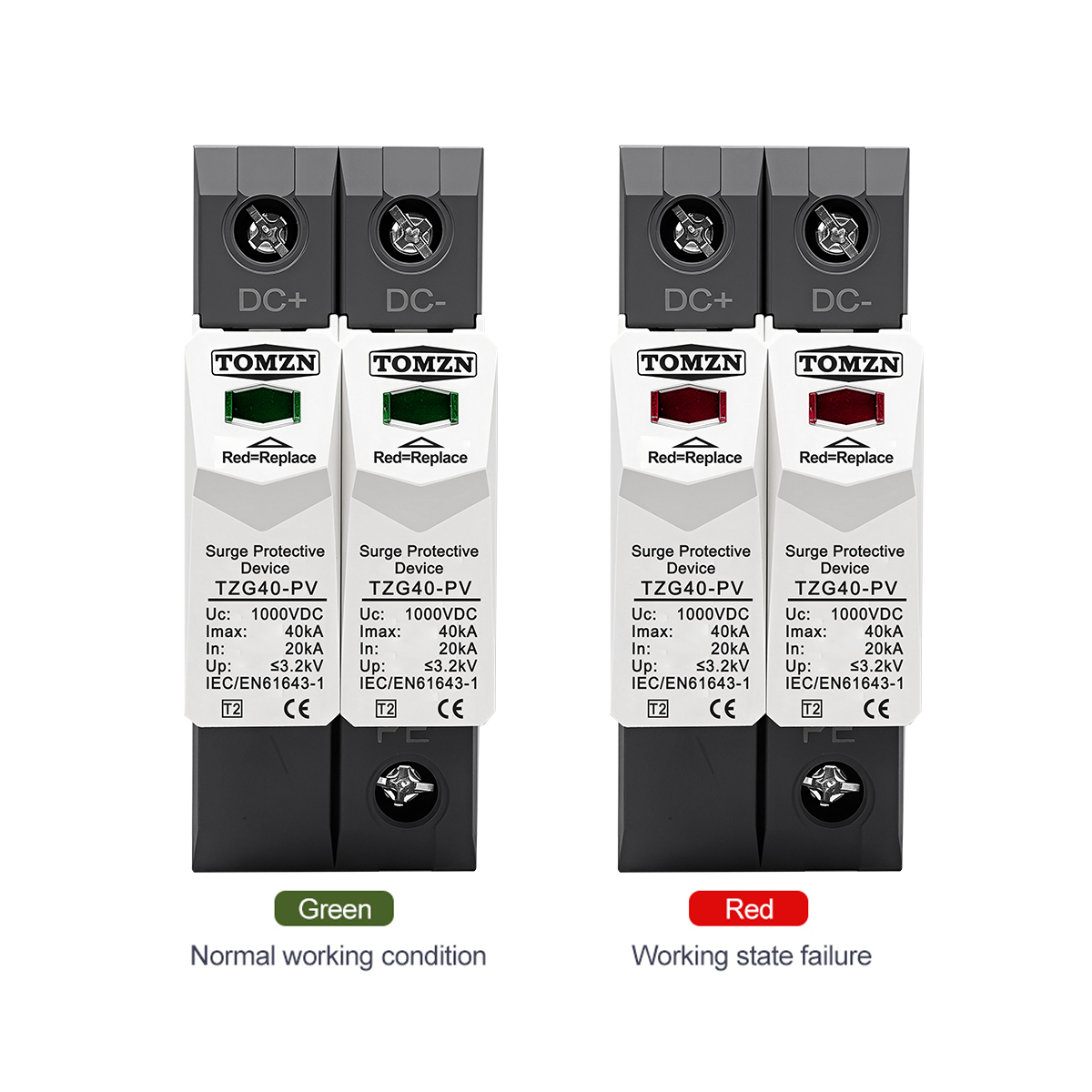 TOMZN DC SPD 2P 500V 600V 800V 1000V 20-40kA Din Rail Solar Outdoor Power Protection Protective Device Surge Protector PV