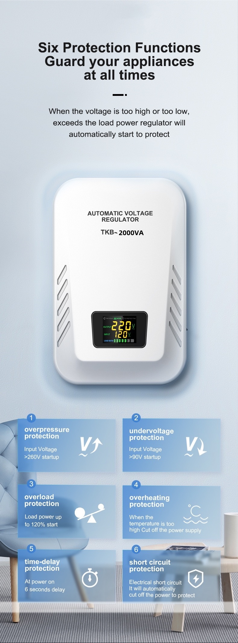 Input 80-260V Output 110V/220V Single-Phase AC Automatic Voltage Regulator Stabilizer, Home Wall Mounted Lcd TKB-2000VA to 30KVA